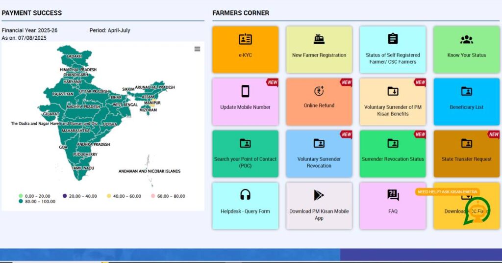 Indian map with farmer services options: PM Kisan Samman Nidhi Yojana 